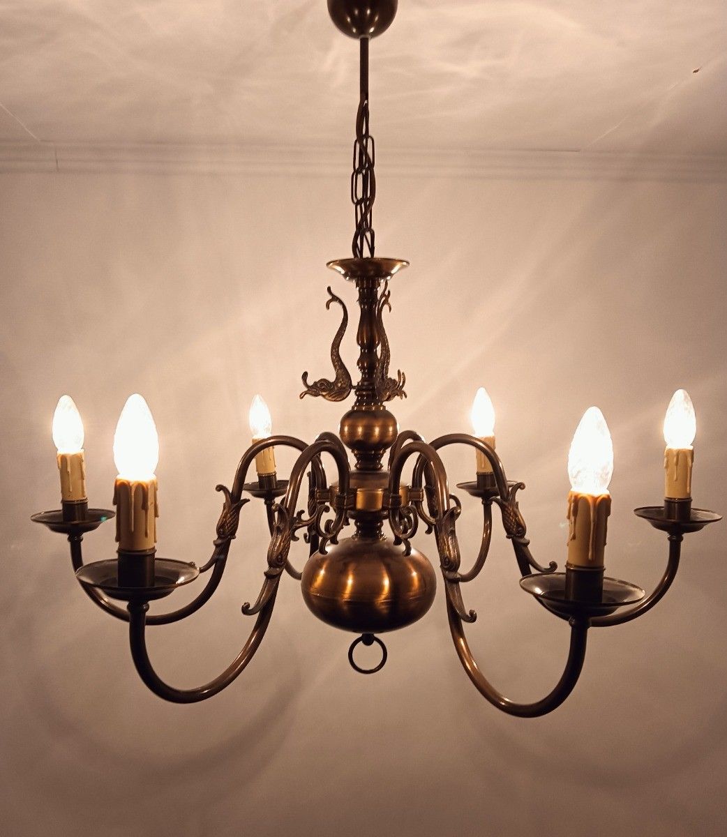 Flemish Dutch Chandelier 6 Arms Lights Brass  Vintage Barn Farmhouse Fixture photo vintage