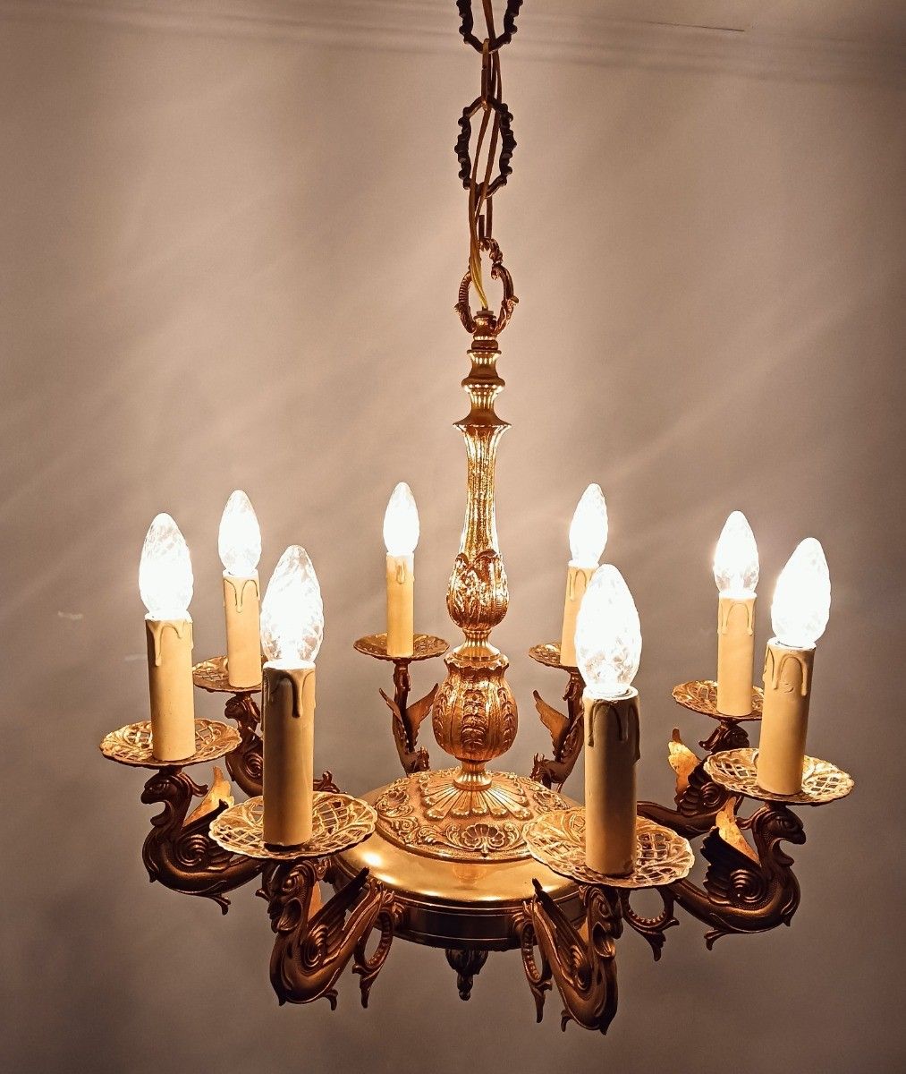 Gothic Ornate Brass 8 Arms Lights Chandelier Revival Dragons Griffins photo for sale