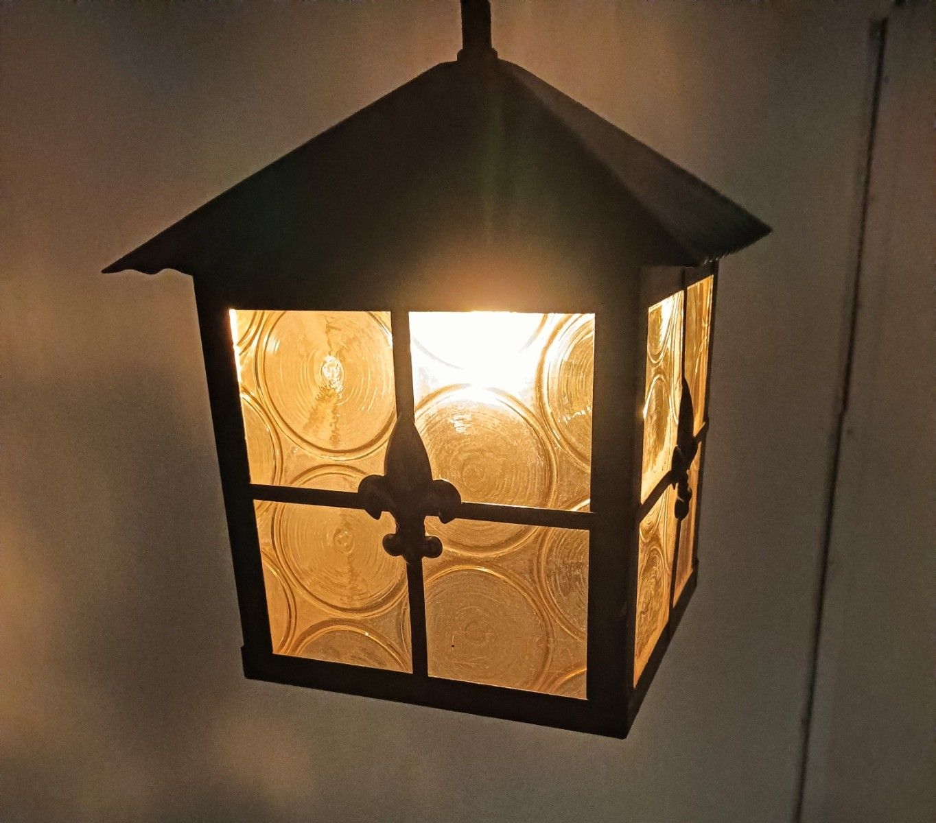 photo for sale Hall Lamp Chandelier Amber  Glass Wrought Iron Vintage Hanging Light 1 Light Fix