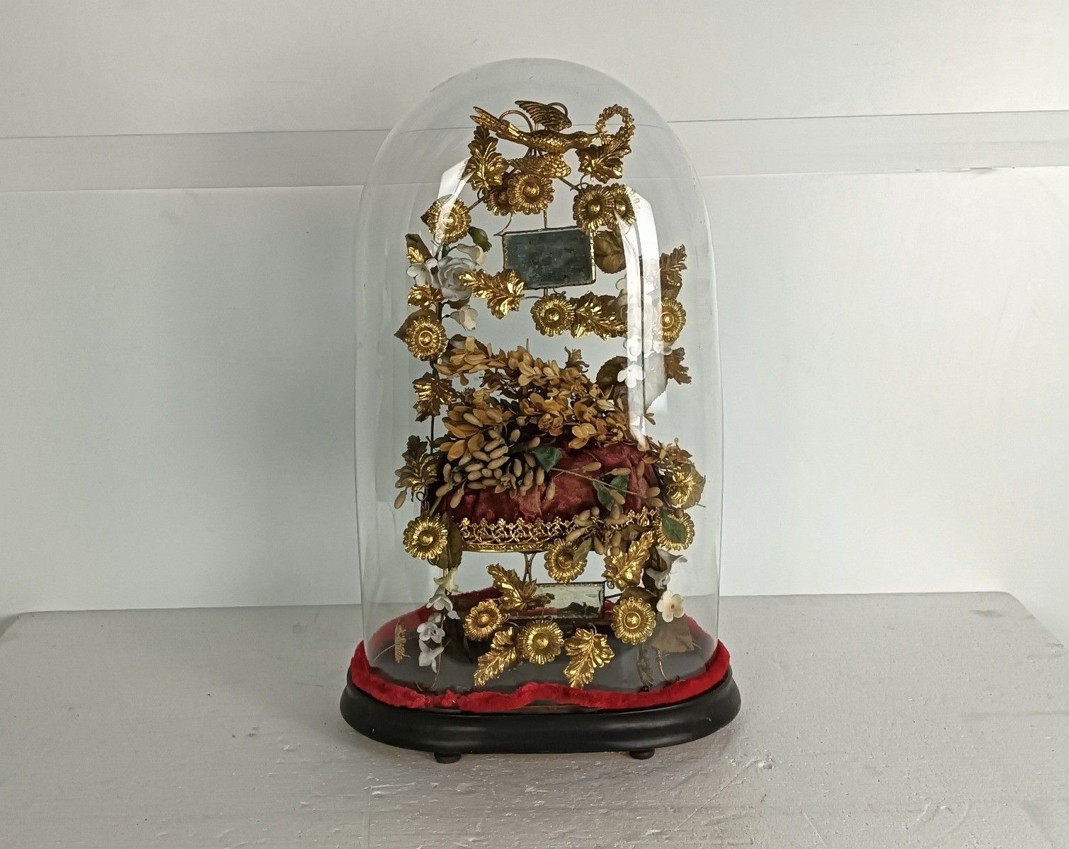Oval Antique 1800s Victorian French Bridal Wedding Glass Dome Gold Ormulu Gilt B