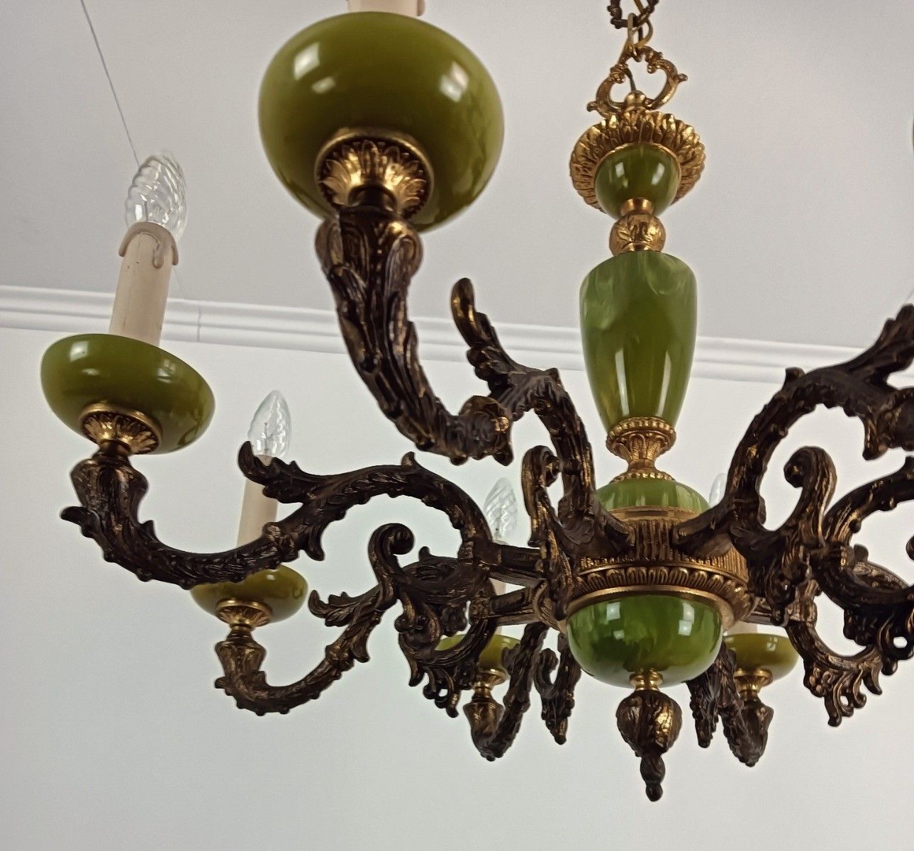 Chandelier 8 Arms Lights Hollywood Regency Brass Faux Marble Resi  Vintage photo vinterior