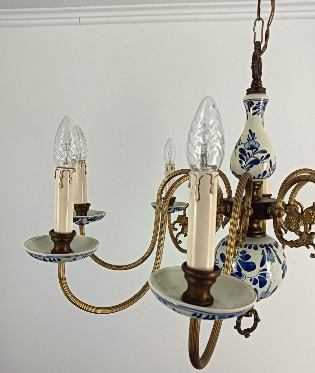 Dutch Delft Blue White Chandelier Porcelain Ornate Brass 8 Lights Arms Vintage F photo 1163.0