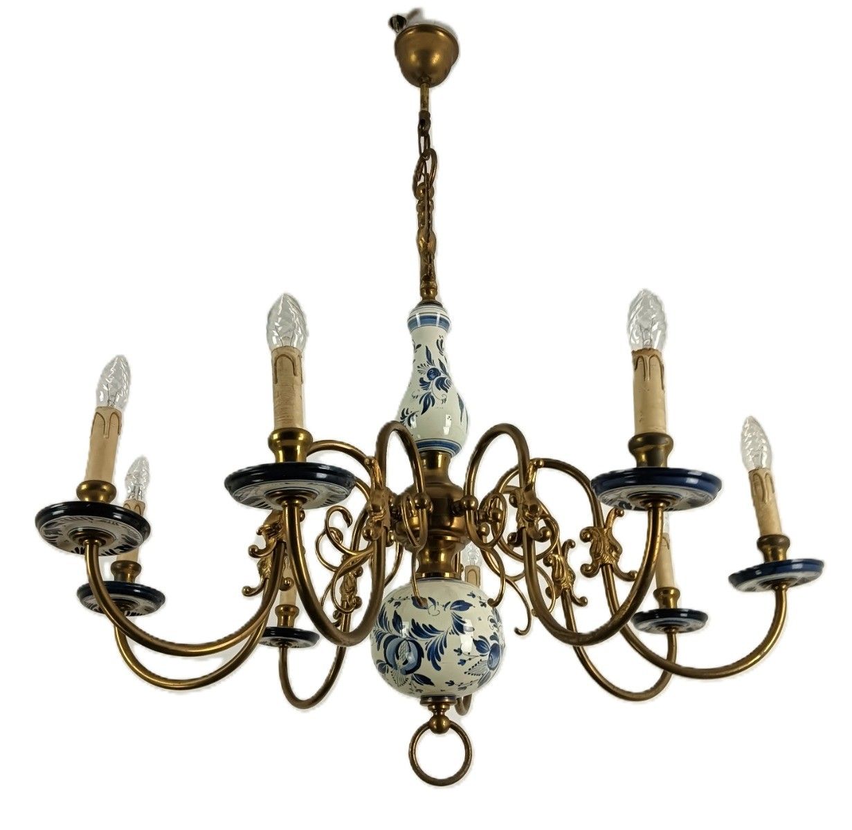 Vintage Dutch Delft Blue White Chandelier Porcelain Ornate Brass 8 Lights Arms