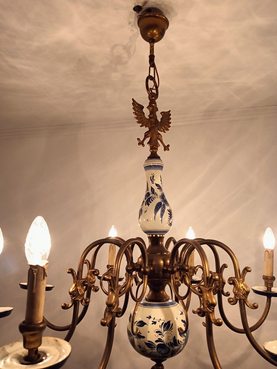 Vintage Dutch Delft Blue White Chandelier Porcelain Ornate Brass 8 Lights Arms photo vintage
