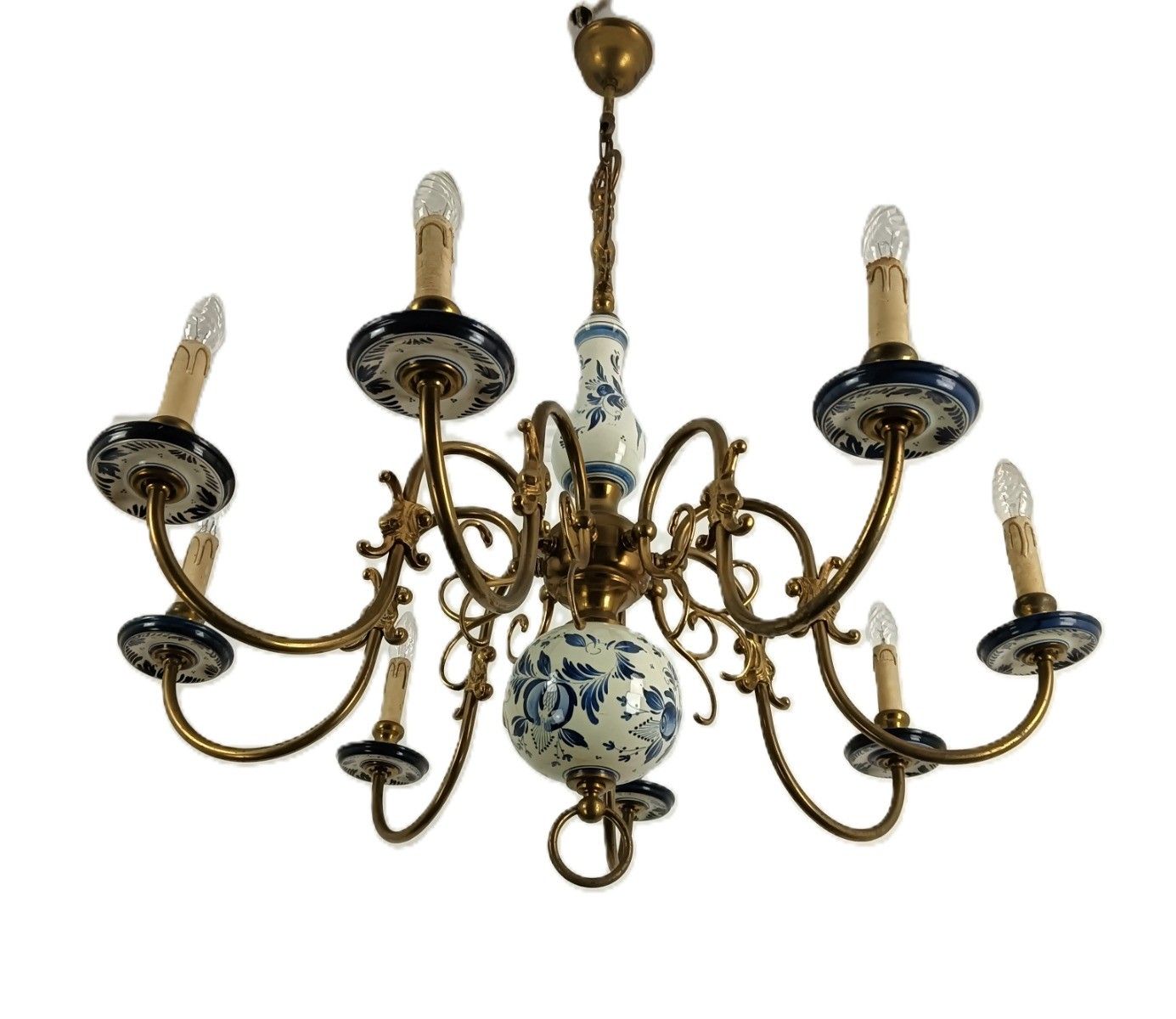 photo furniture Vintage Dutch Delft Blue White Chandelier Porcelain Ornate Brass 8 Lights Arms