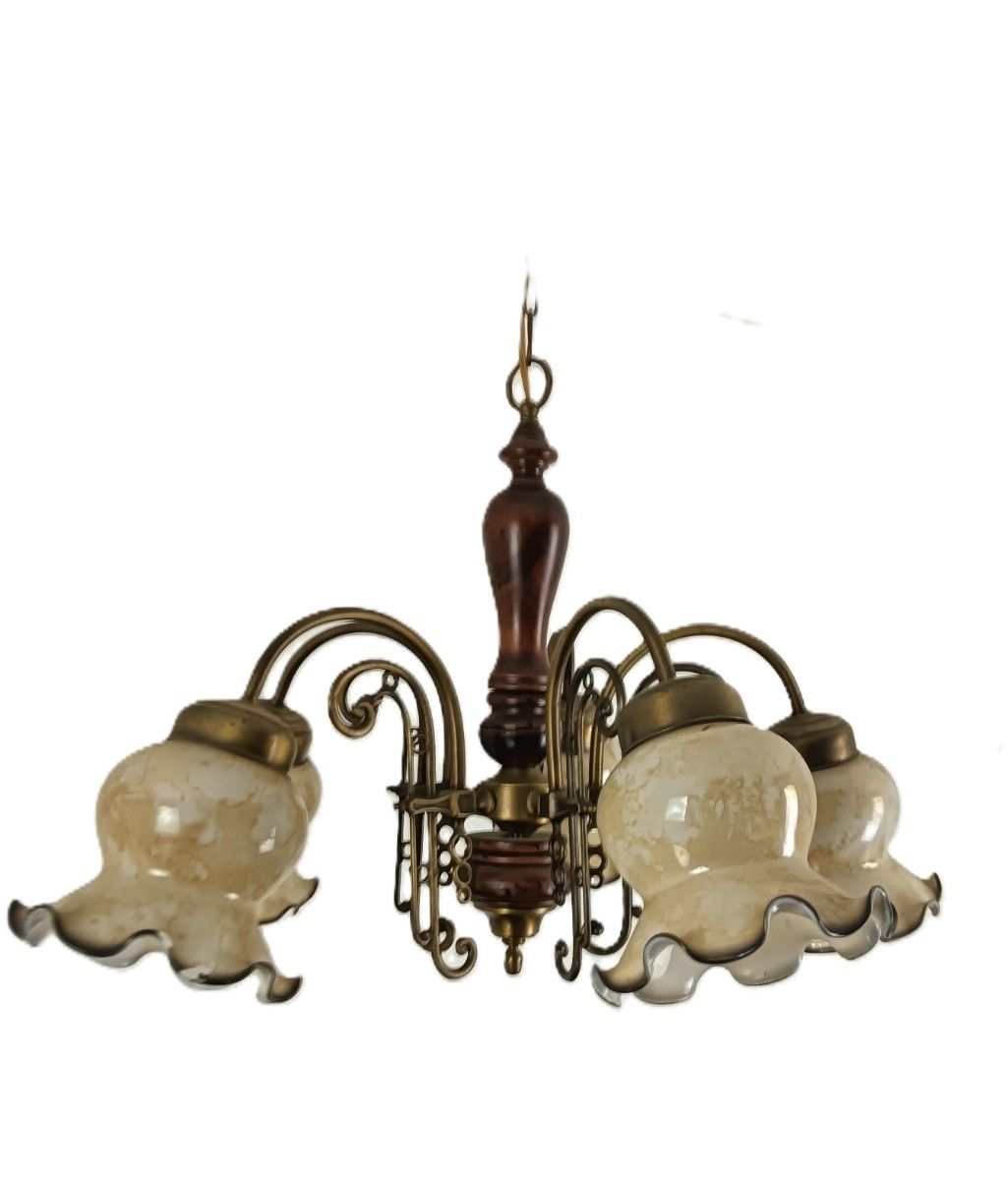 Vintage Chandelier 5 Arm Lights Wood Art Glass Tulip Shades