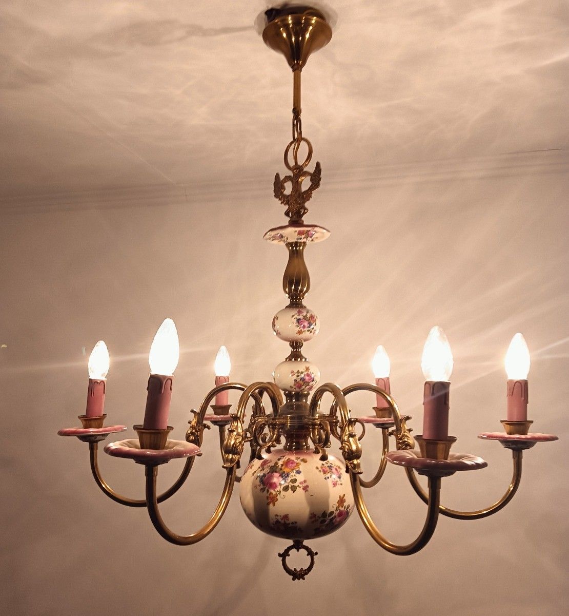 photo for sale Chandelier Italy Pink Flowers Porcelain 6 Lights Arm Vintage  Brass Farmhouse