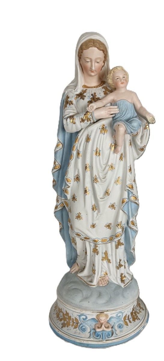 French Antique Bisque Statues Virgin Mary  Infant Jesus Joseph  Pair Stunning La photo furniture