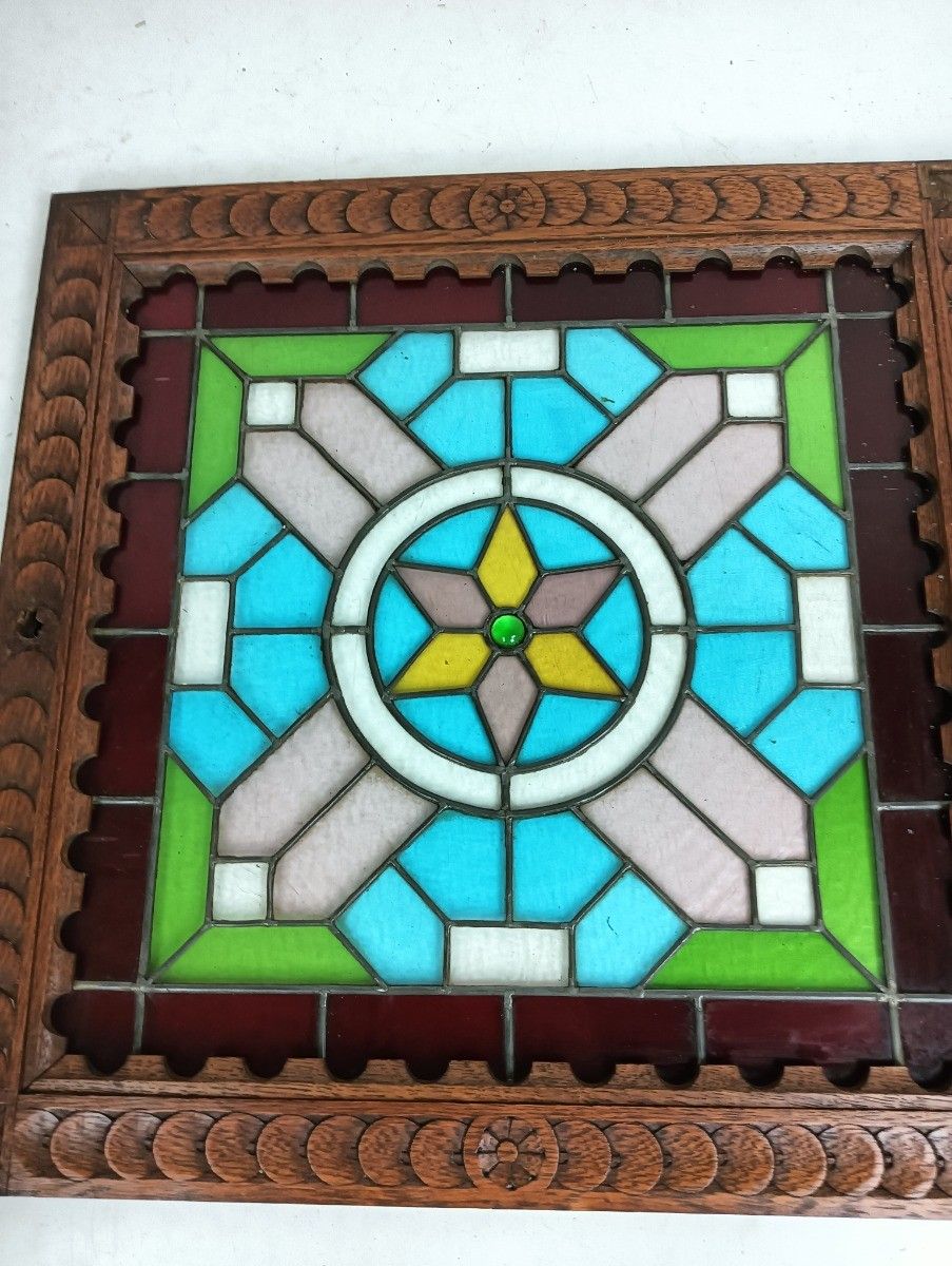 Antique Wooden Leaded Glass Prairie Style Door Panel Salvaged Reclaimed Architec photo for sale