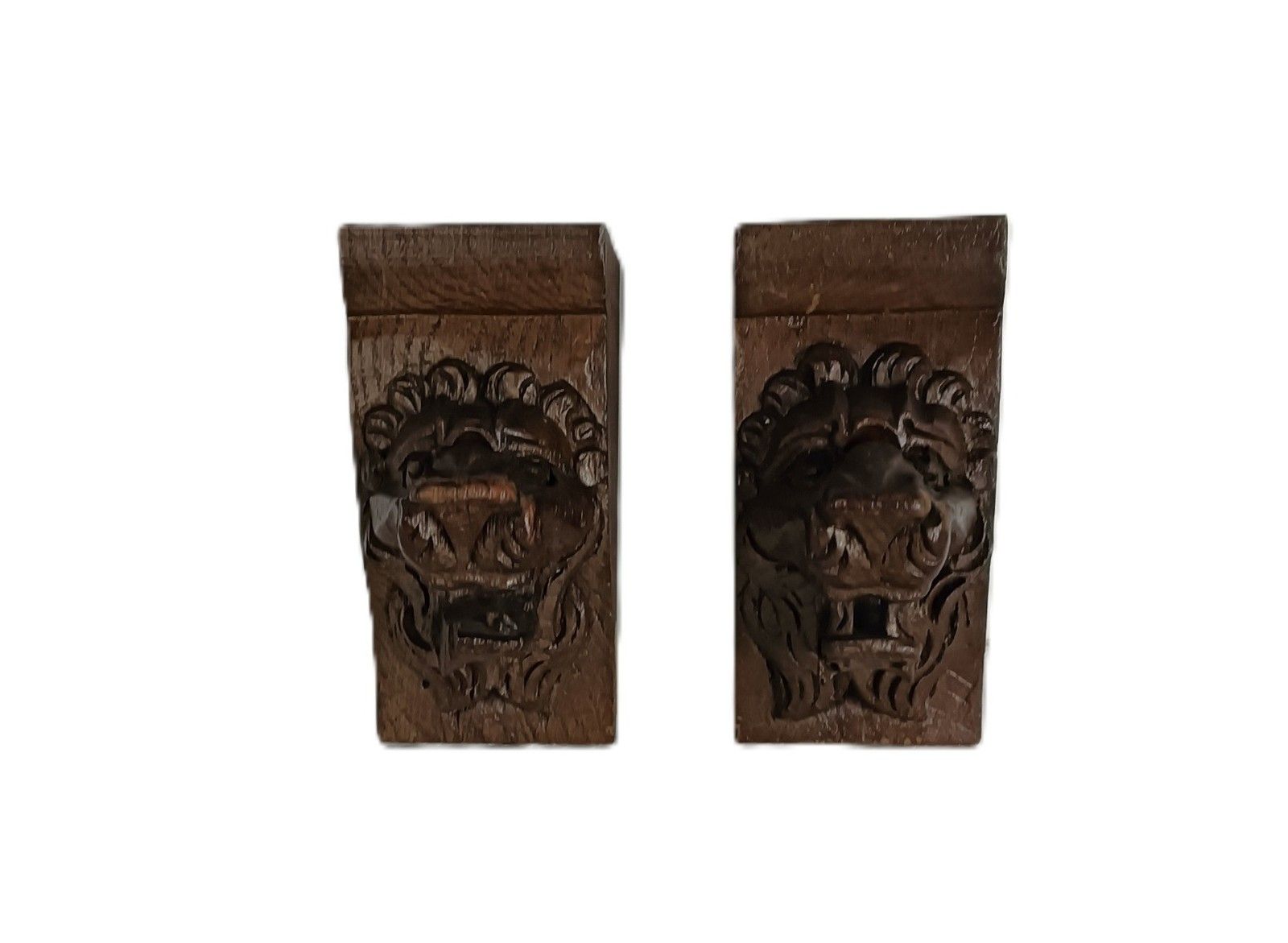 Antique  Pair Corbels Hand Carved Wood Pediments Architectural Lion Heads  Trims photo furniture