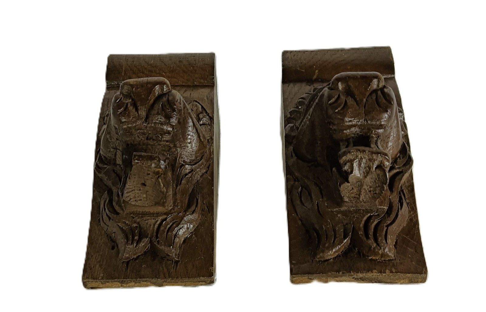Antique  Pair Corbels Hand Carved Wood Pediments Architectural Lion Heads  Trims photo 150.0
