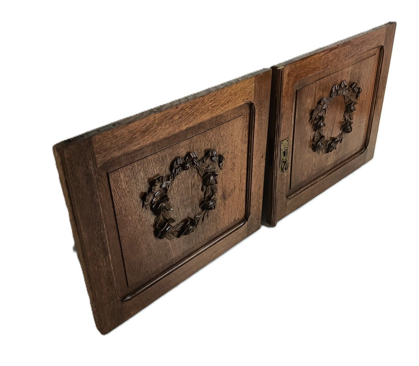 Pair Antique Door Panels Carved Wood Flower Wreath Architectural Reclaimed Salva