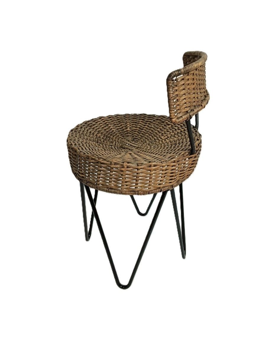 Vintage Rattan Wicker Wrought Iron Small Chair Pedestal Plant Stand Japandi Styl photo vinterior
