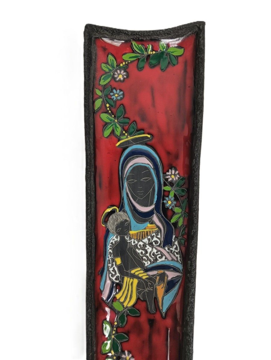 Large Ceramic Glazed Plaque Madonna And Infant Vintage Italy photo buy