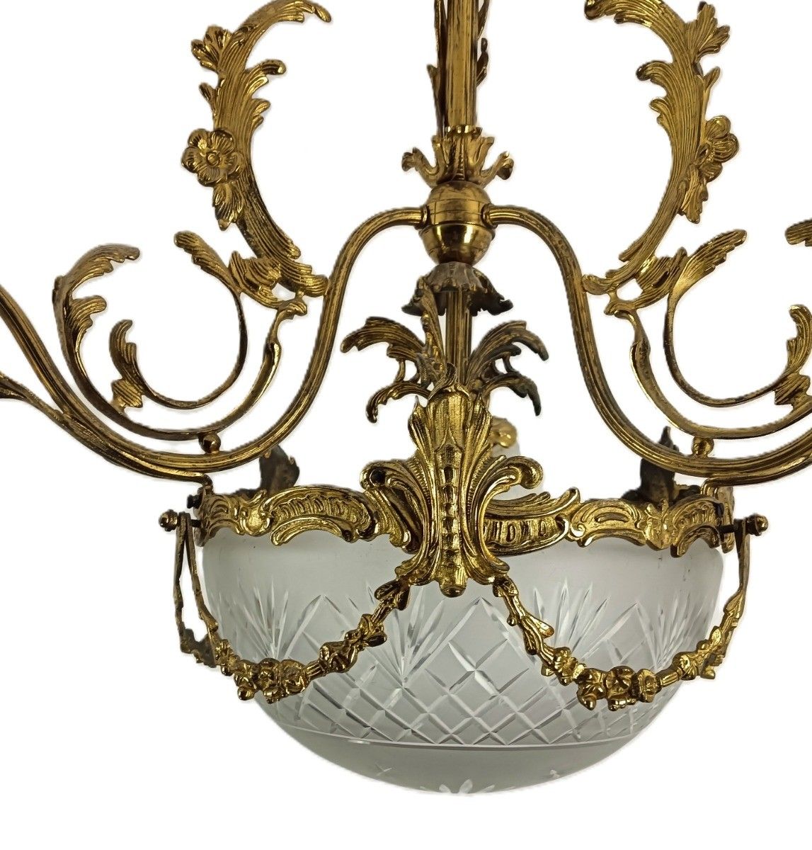 Art Deco Chandelier Antique Etched Glass Brass Tulip Shades  4 Lights Guirlandes photo buy