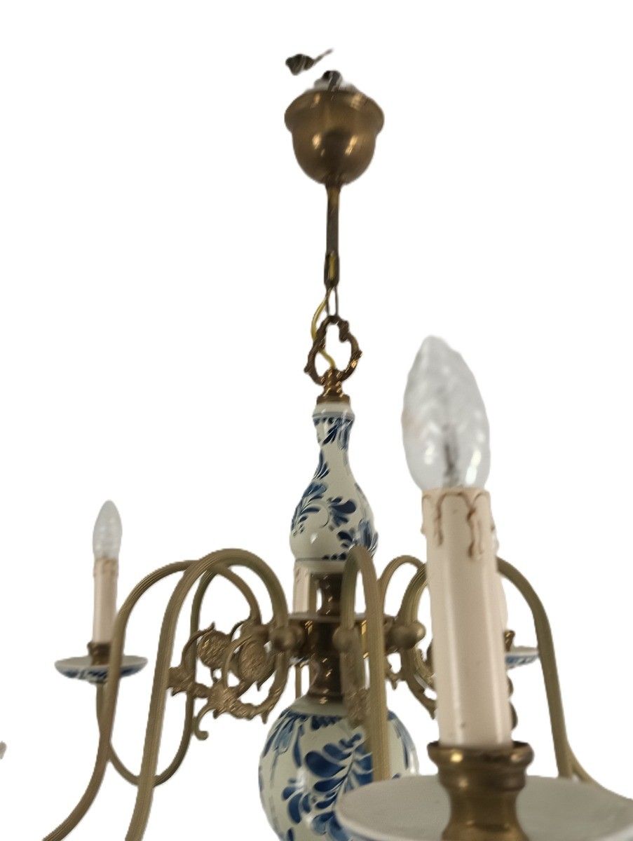 Vintage Dutch Delft Blue White Chandelier Porcelain Ornate Brass 8 Lights Arms F photo vinterior