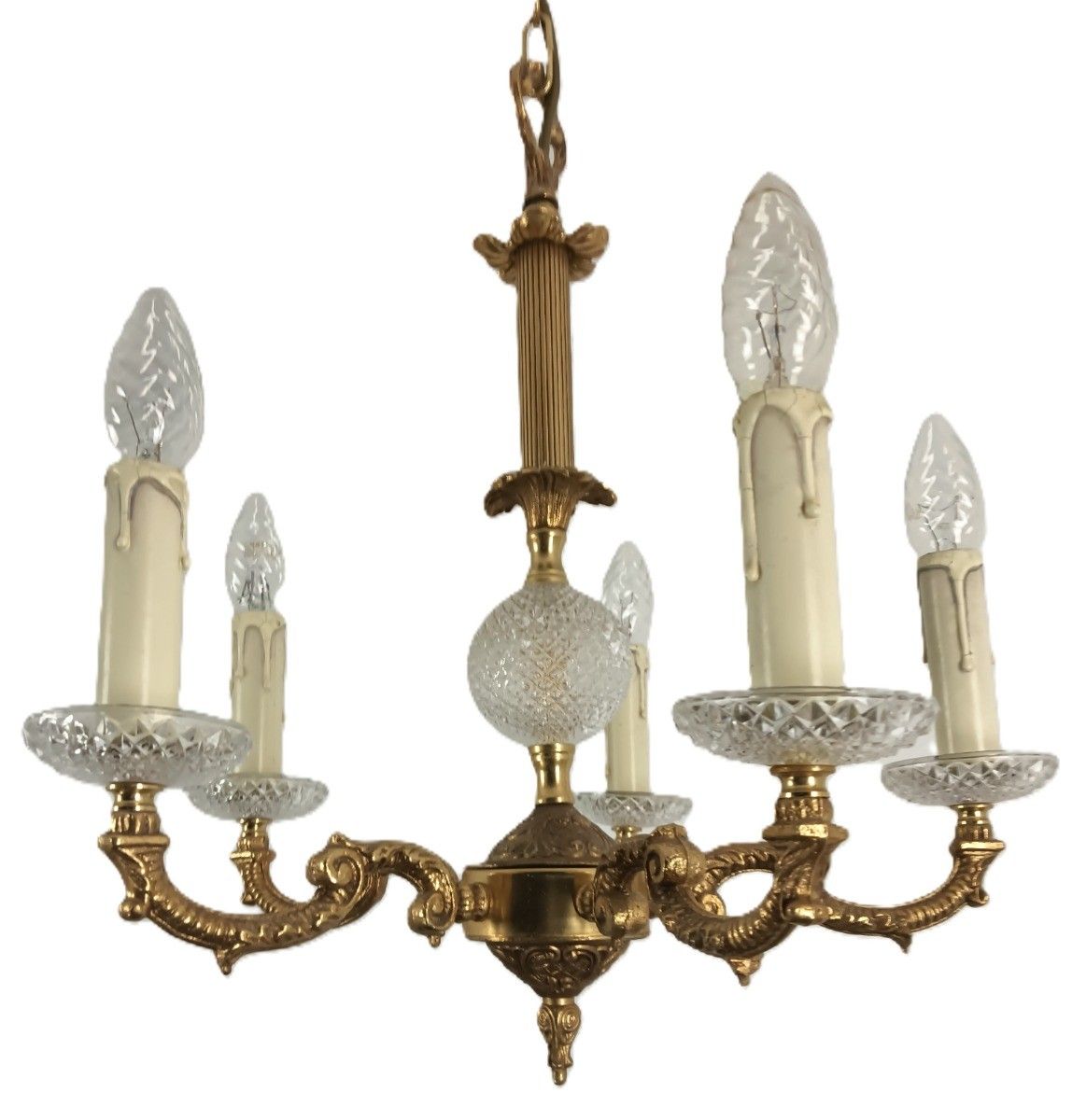 French Empire Style Chandelier Brass Crystal 5 Arms Lights Vintage photo 447.0