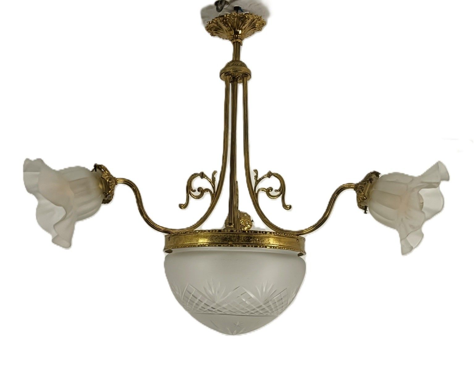 Art Deco Antique Chandelier 4 Lights 3 Arm Decorative Etched Glass French Empire