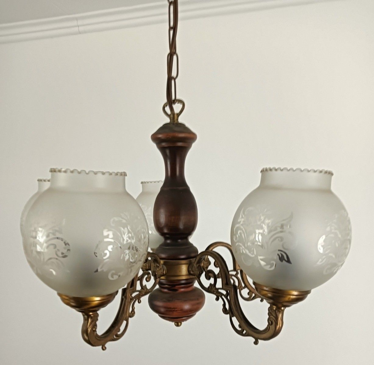 Vintage Chandelier 5 Arm Lights Wood Etched Art Glass Shades Fixture photo vinterior