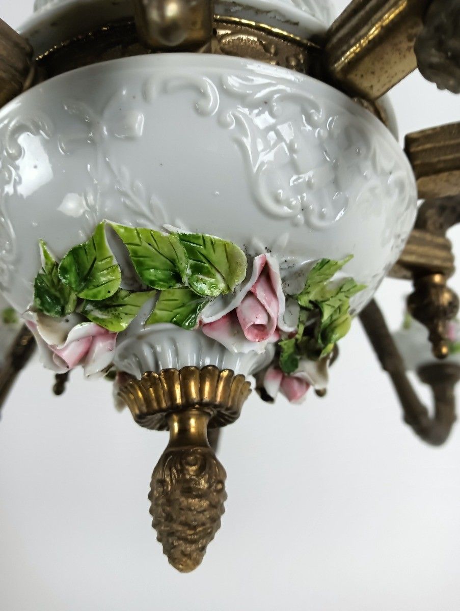 Capodimonte Porcelain Bronze Chandelier 10 Arm Lights, White, Italy Vintage photo for sale