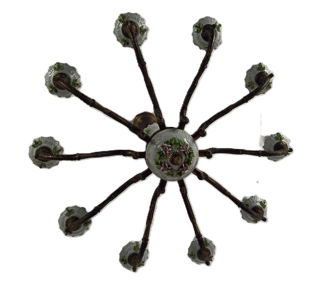 Capodimonte Porcelain Bronze Chandelier 10 Arm Lights, White, Italy Vintage photo Lighting