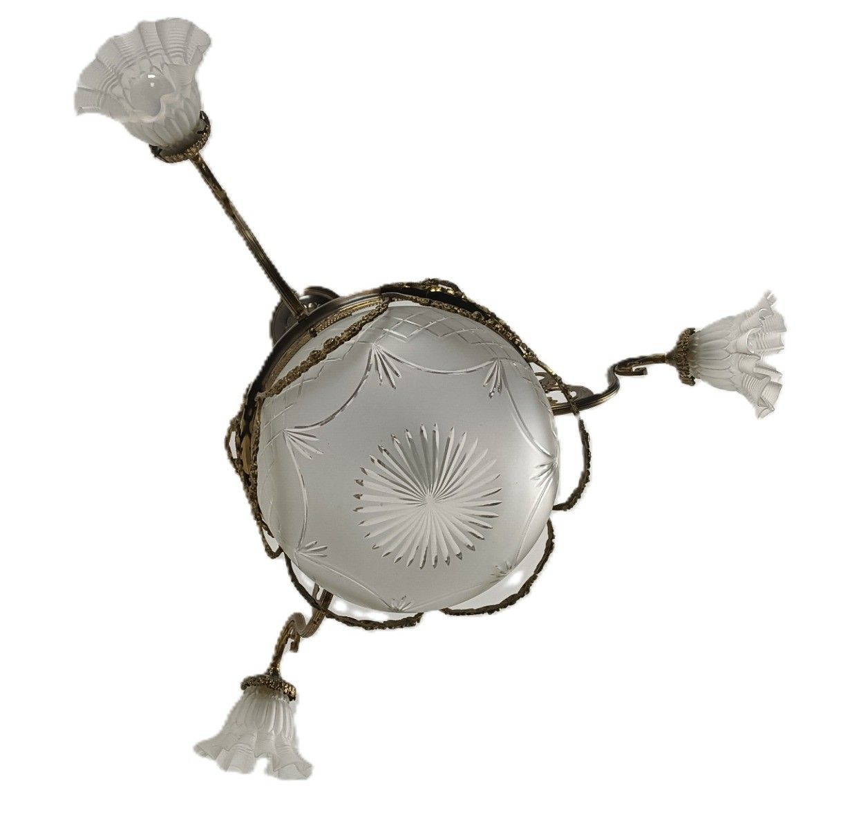 Large Art Deco Antique Chandelier 4 Lights 3 Arm Decorative Etched Glass French photo for sale