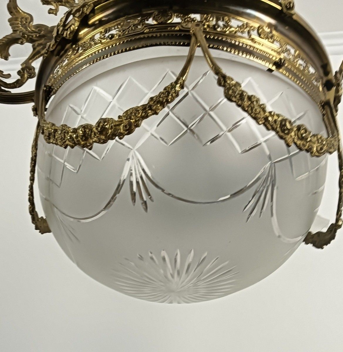 Large Art Deco Antique Chandelier 4 Lights 3 Arm Decorative Etched Glass French photo 1341.0