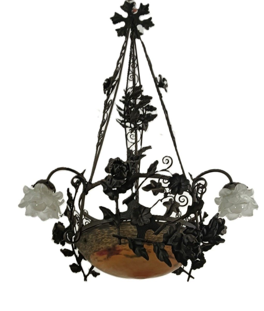Large Wrought Iron Pate De Verre Shade 3 Arm 4 Lights Exquisite Antique Art Deco