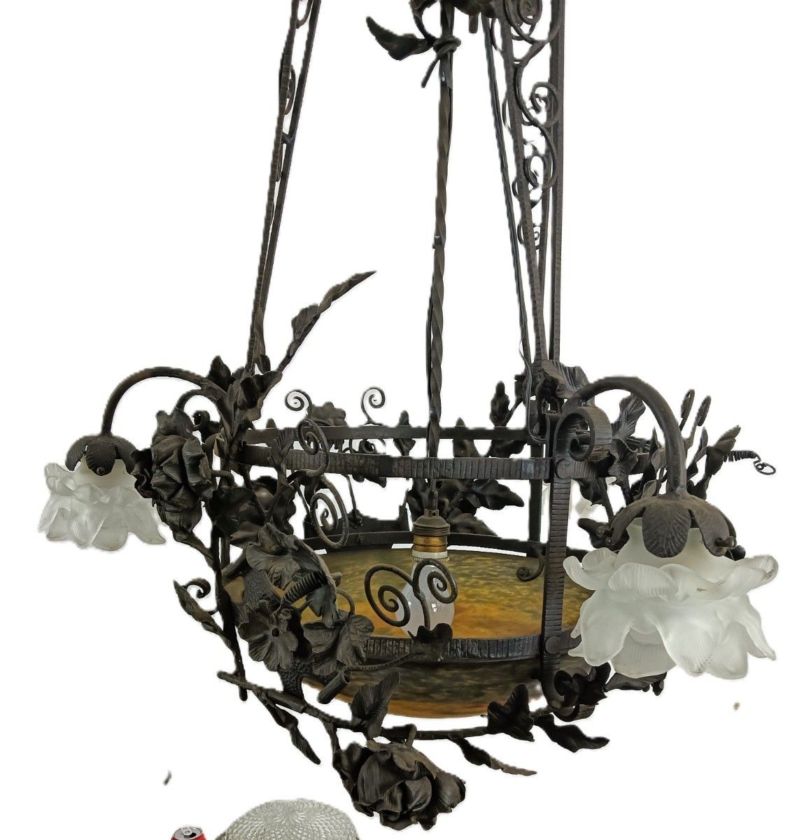 Large Wrought Iron Pate De Verre Shade 3 Arm 4 Lights Exquisite Antique Art Deco photo vinterior