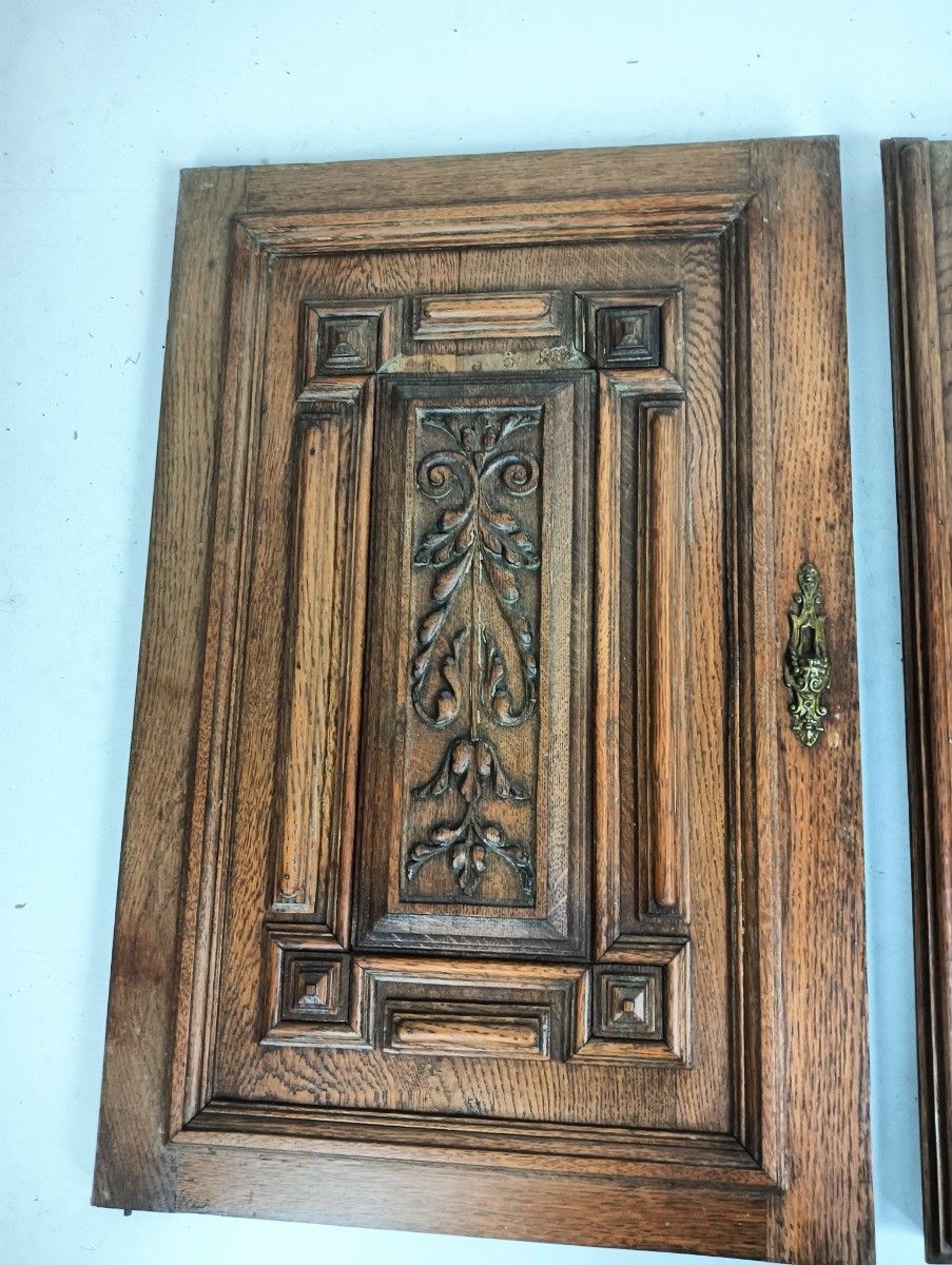 Pair Antique Door Panels Carved Wood  Architectural Reclaimed Salvaged Oak photo vinterior