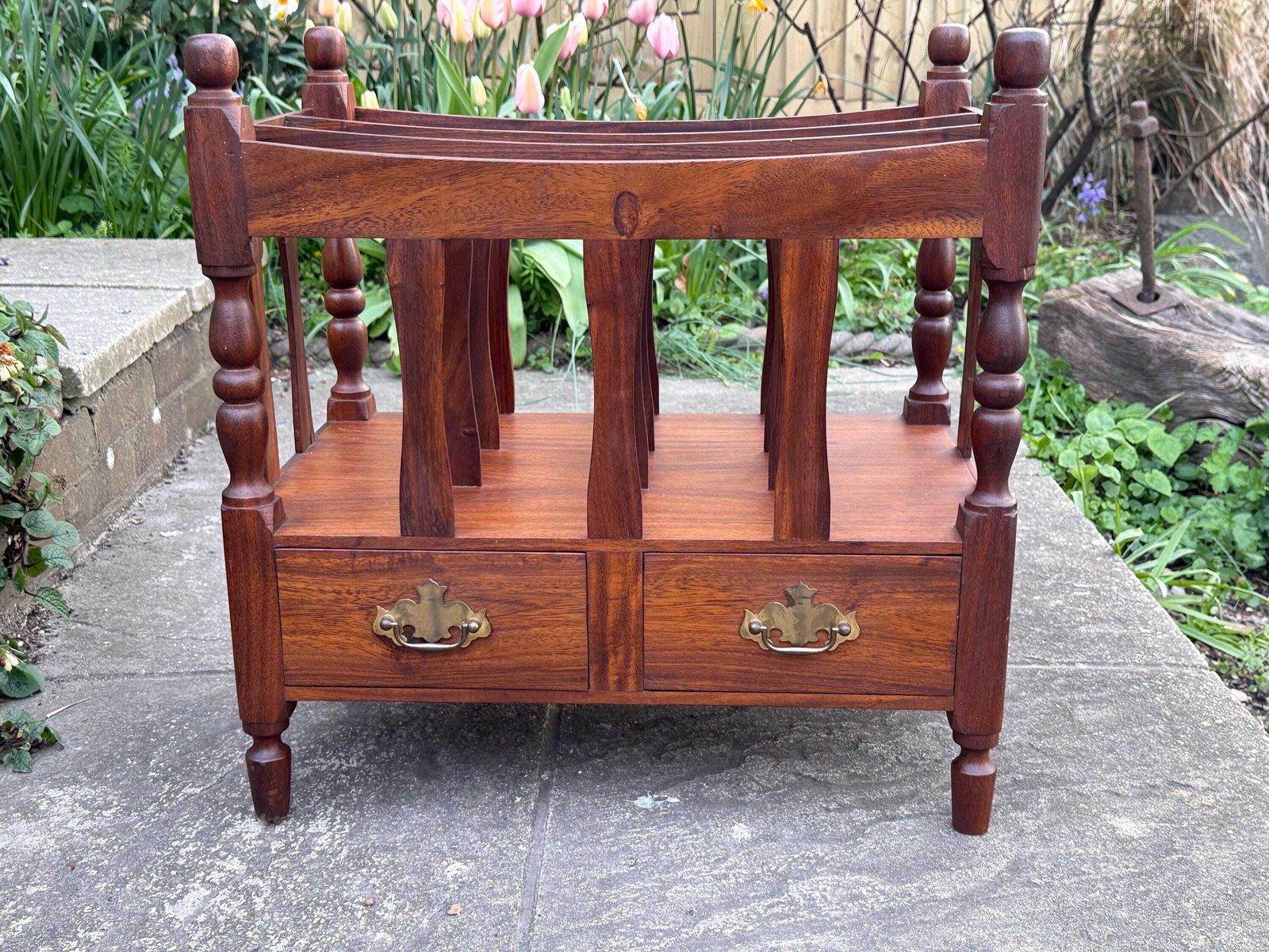 Vintage Wooden Canterbury Magazine Rack With Drawers Turned Spindles Traditional Storage photo for sale