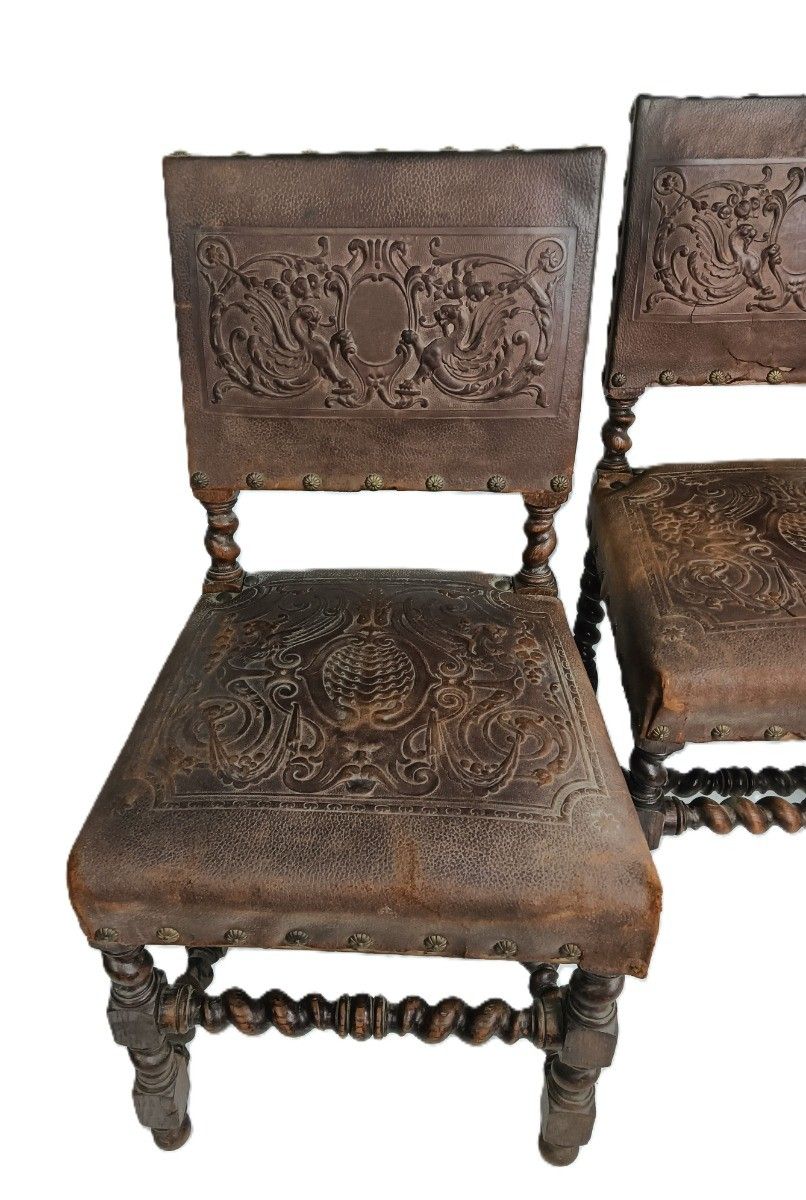 Set Of 2 Antique Gothic 1900s Chairs Barley Twist Wood Renaissance Dragons Leath photo for sale