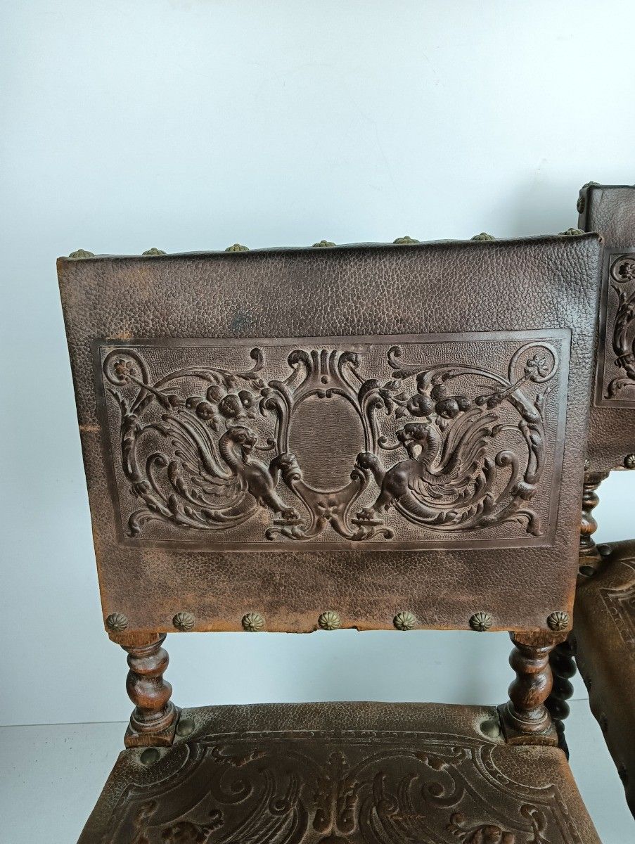 Set Of 2 Antique Gothic 1900s Chairs Barley Twist Wood Renaissance Dragons Leath photo 894.0