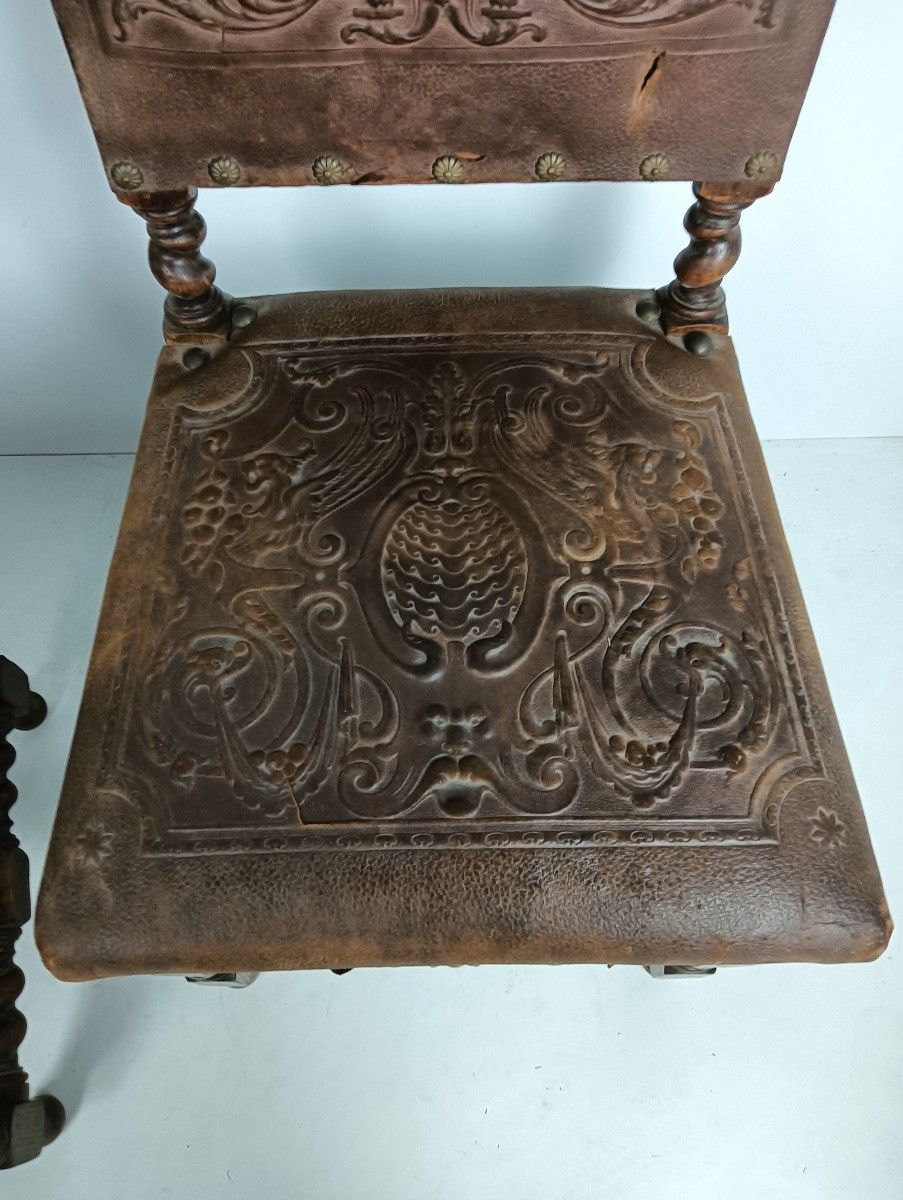 Set Of 2 Antique Gothic 1900s Chairs Barley Twist Wood Renaissance Dragons Leath photo vinterior