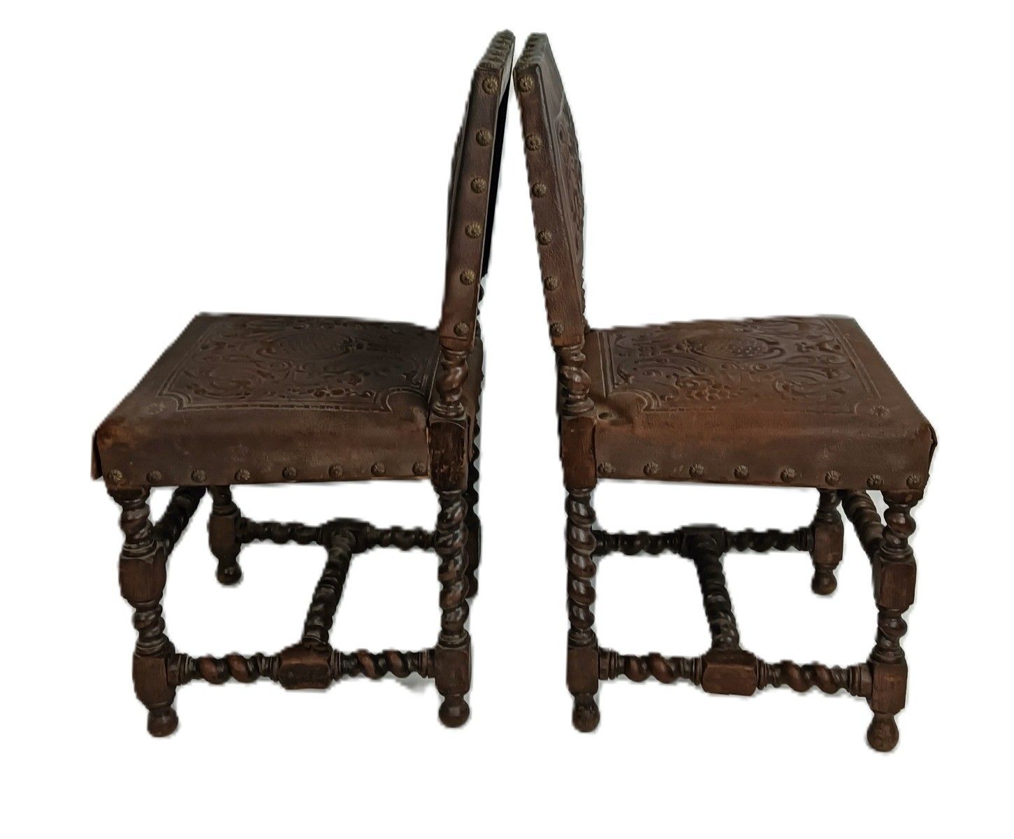 Furniture Set Of 2 Antique Gothic 1900s Chairs Barley Twist Wood Renaissance Dragons Leath photo