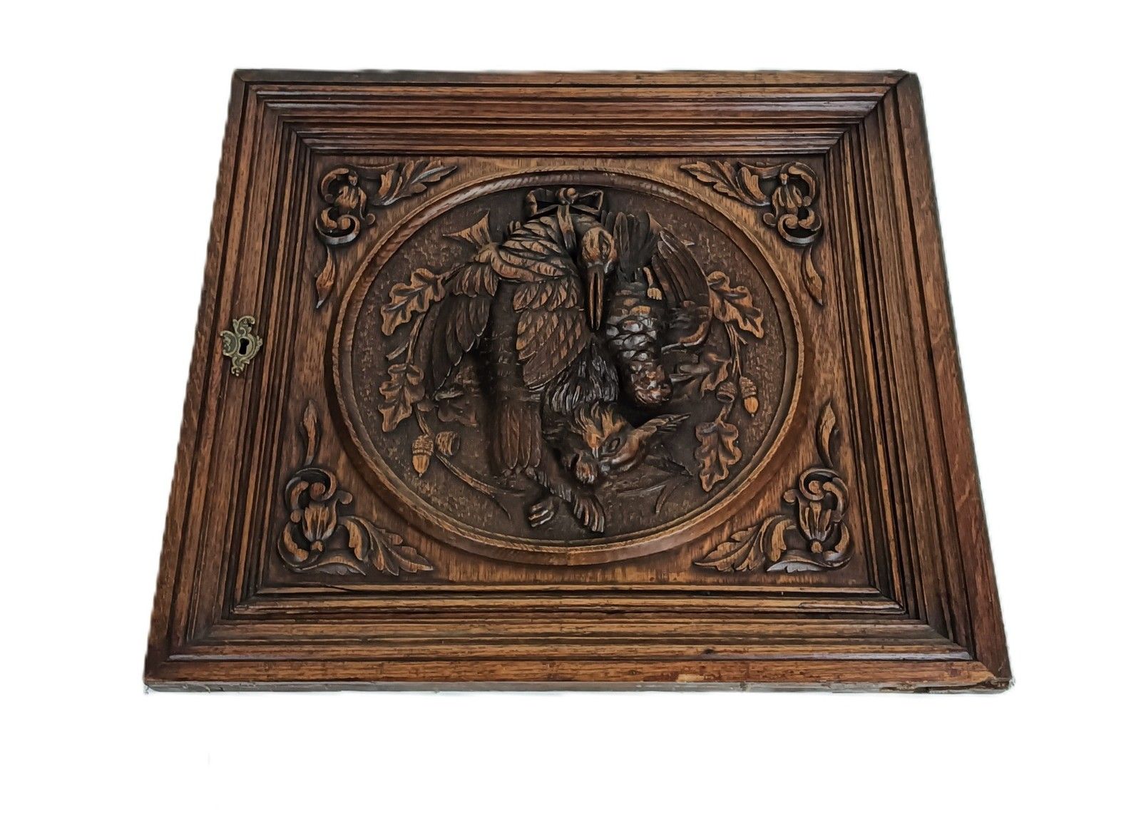 Antique Carved Wood Door Panel Cabinet Pediment Hunt Rabbit Bird Pheasant Reclai
