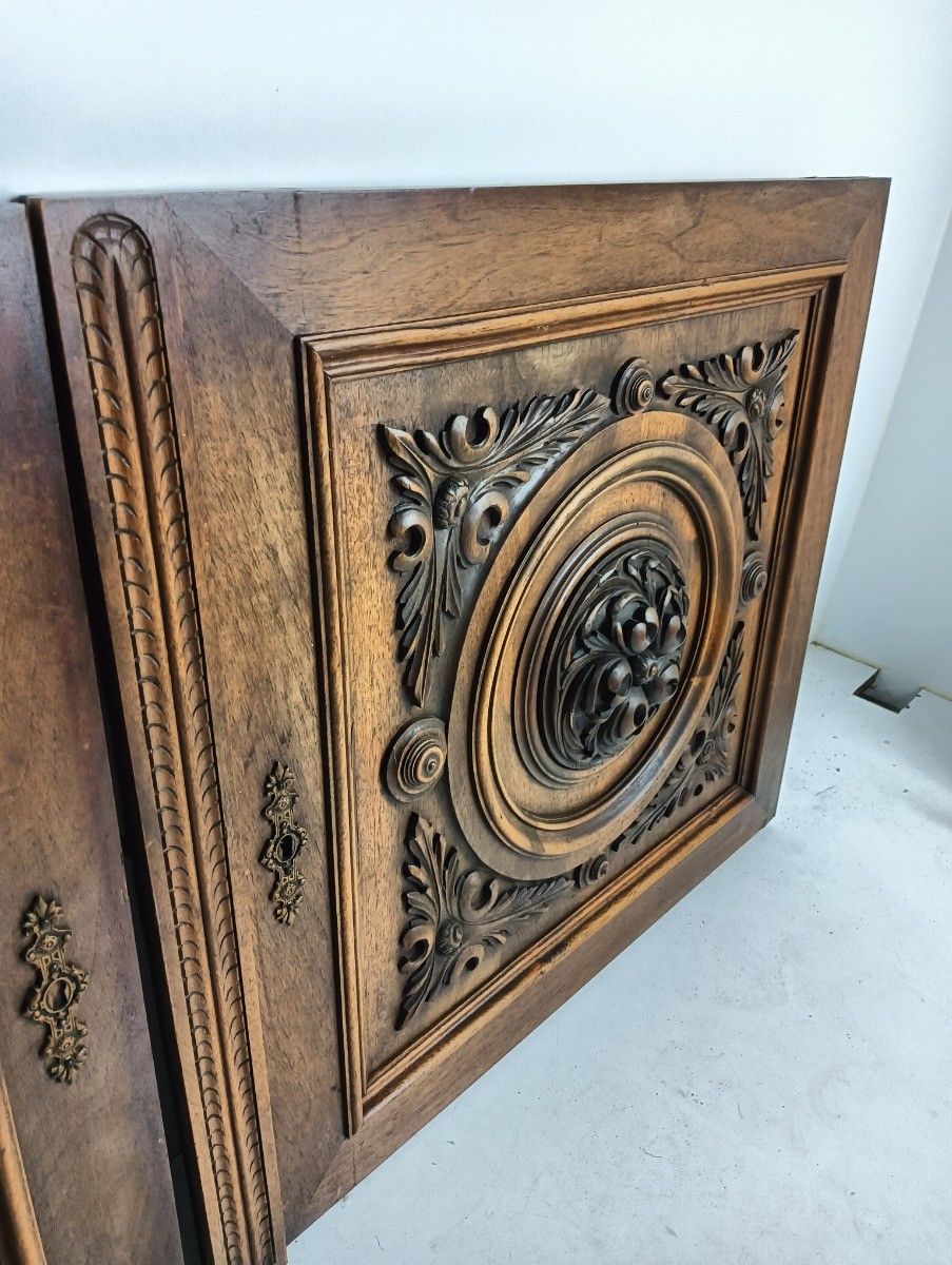 Antique Door Panels Couple  Hand Carved Wood Flower Rosette Architectural Salvag photo for sale