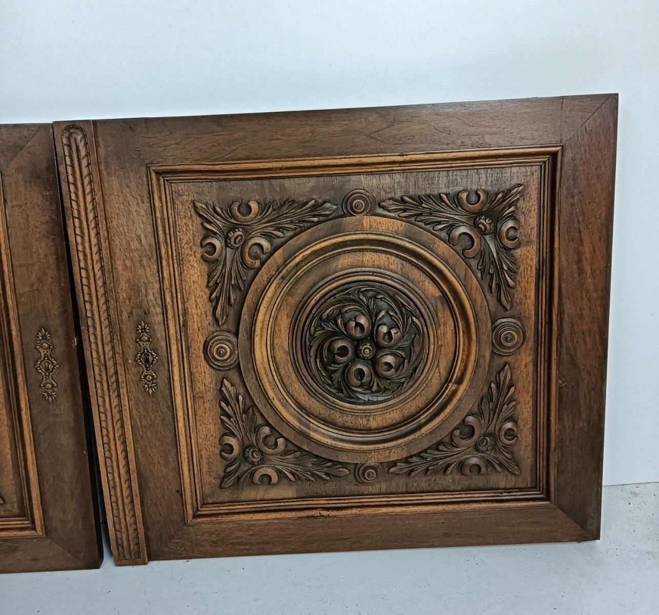 Antique Door Panels Couple  Hand Carved Wood Flower Rosette Architectural Salvag photo Home Fixtures