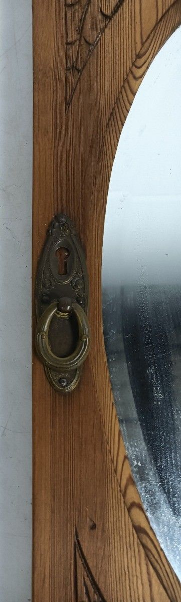 Small Cabinet Door Panel  Antique  Pine Wood Beveled Glass Mirror Reclaimed  Arc photo for sale