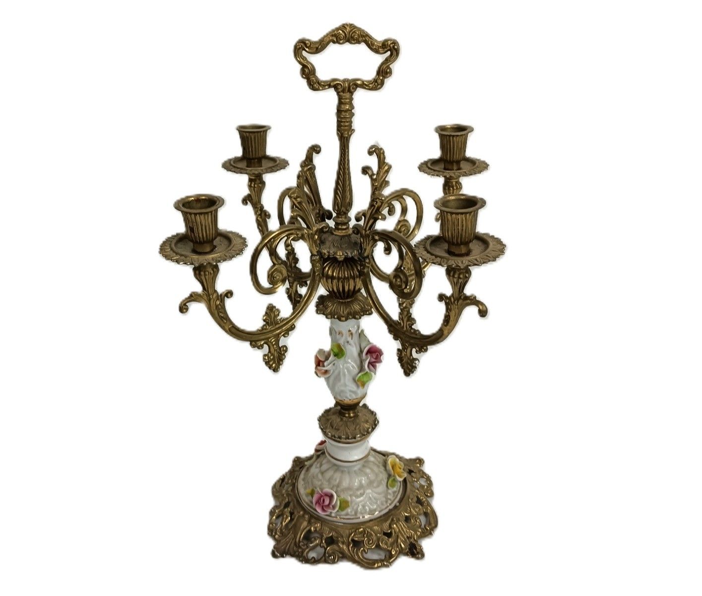Vintage Candelabra Candle Stick Brass Porcelain 3d Flowers Modernist 4 Arm photo for sale