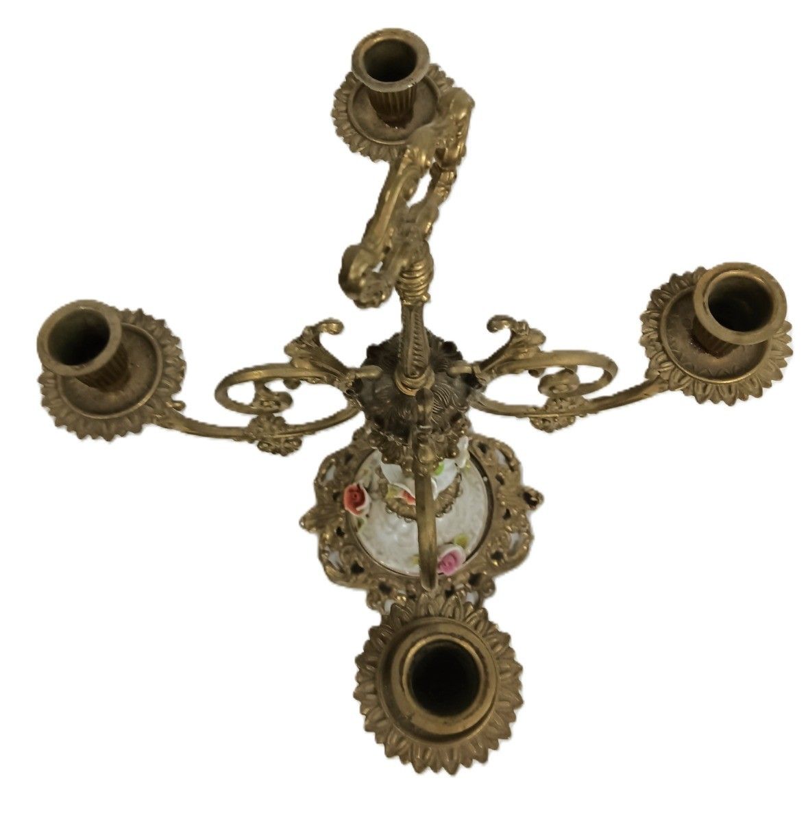 Vintage Candelabra Candle Stick Brass Porcelain 3d Flowers Modernist 4 Arm photo 179.0