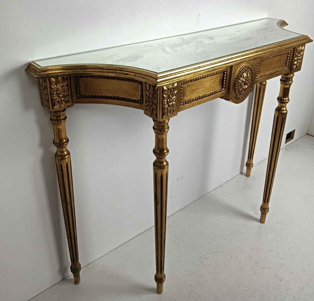 Hollywood Regency Wooden Wall Console Table Gilded Glass Top Wow Vintage photo Furniture