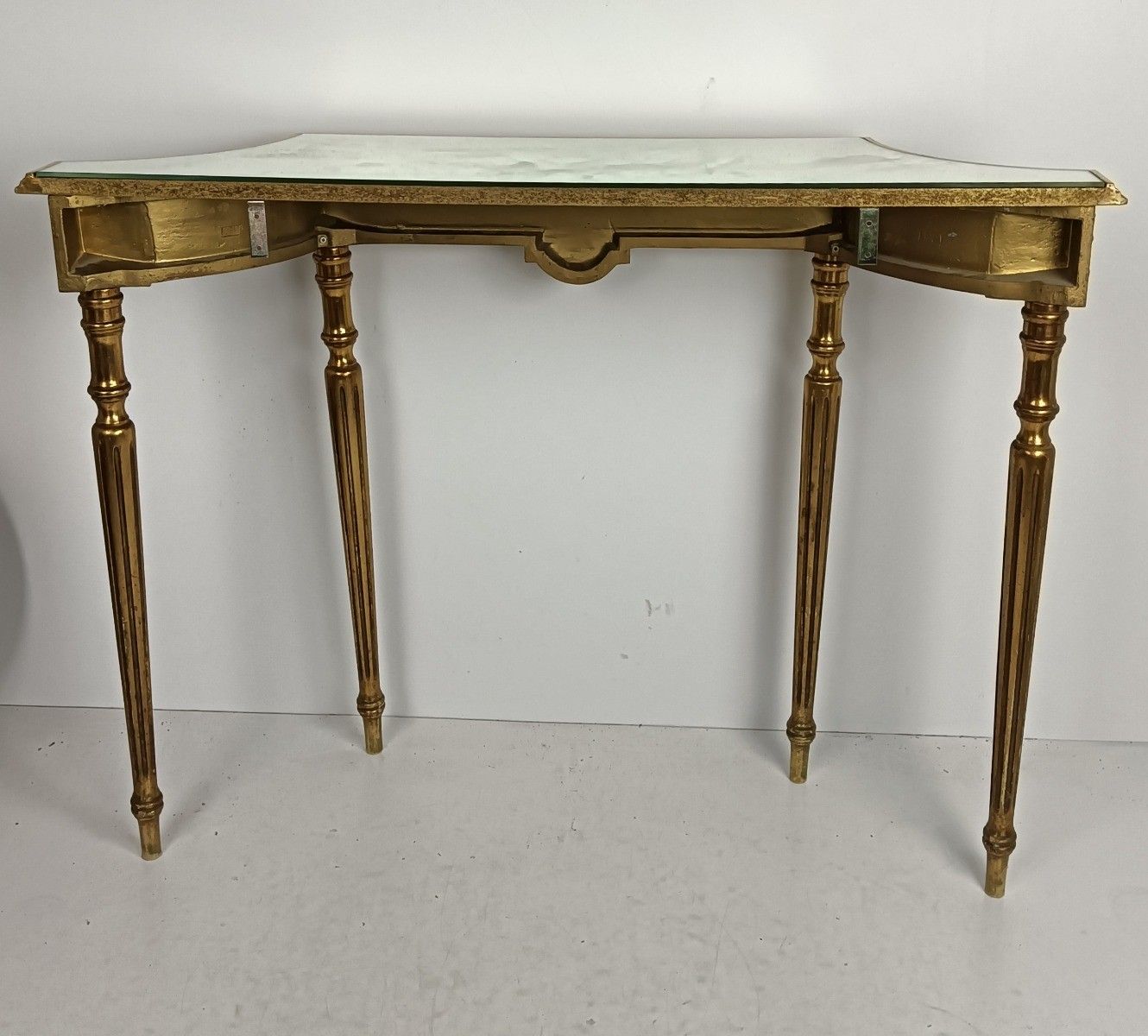 Furniture Hollywood Regency Wooden Wall Console Table Gilded Glass Top Wow Vintage photo