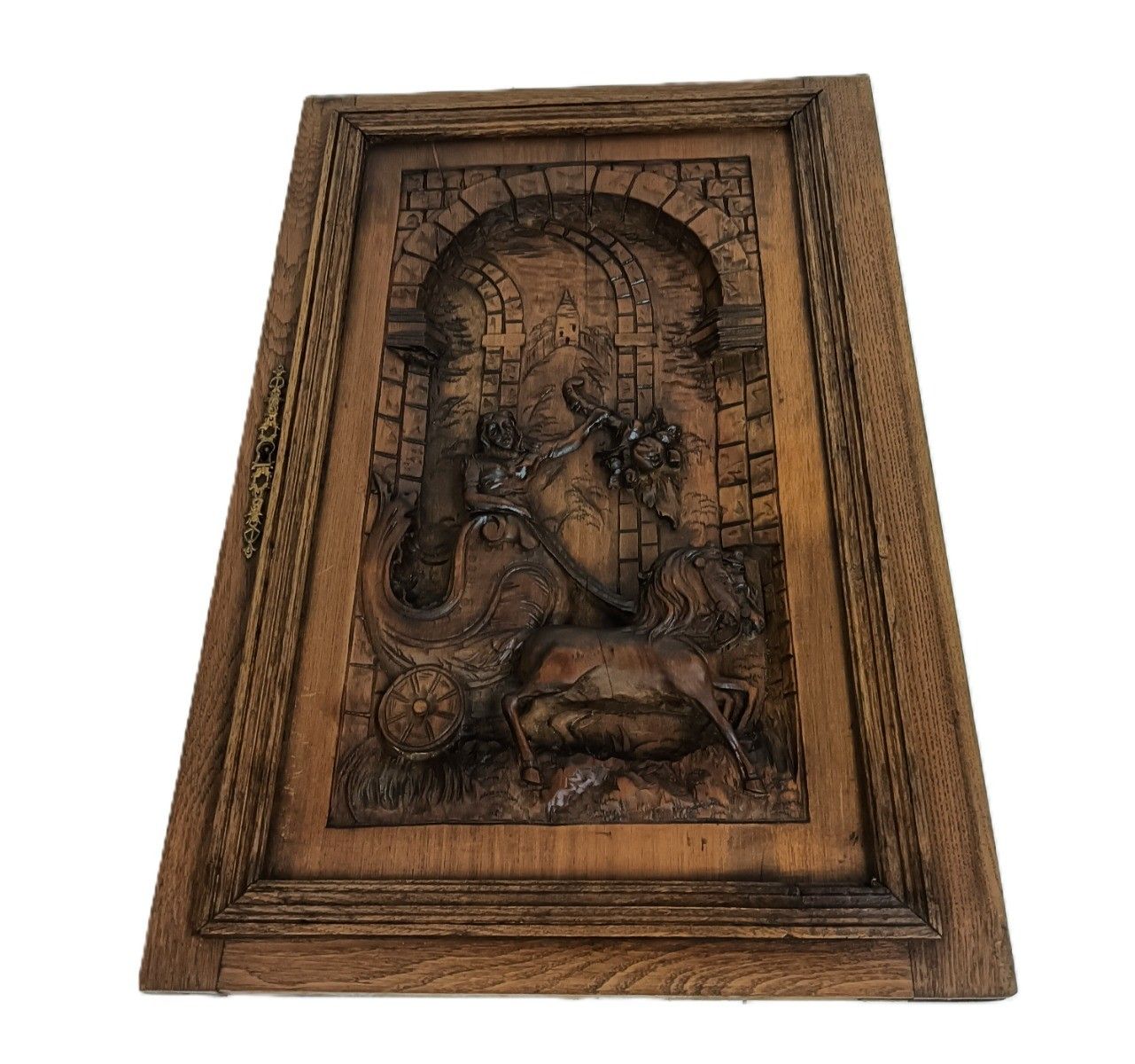 Antique Flemish Door Panel Carved Wood Wow Female Warrior Horses Reclaimed Archi photo furniture