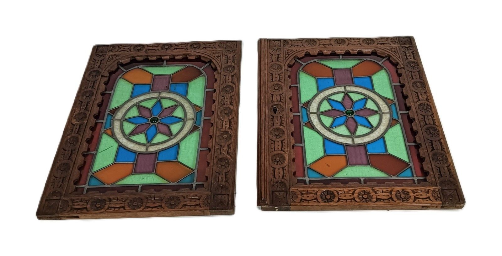 Pair Antique Wooden Leaded Glass Star Door Panels  Salvaged Reclaimed Architectu photo furniture