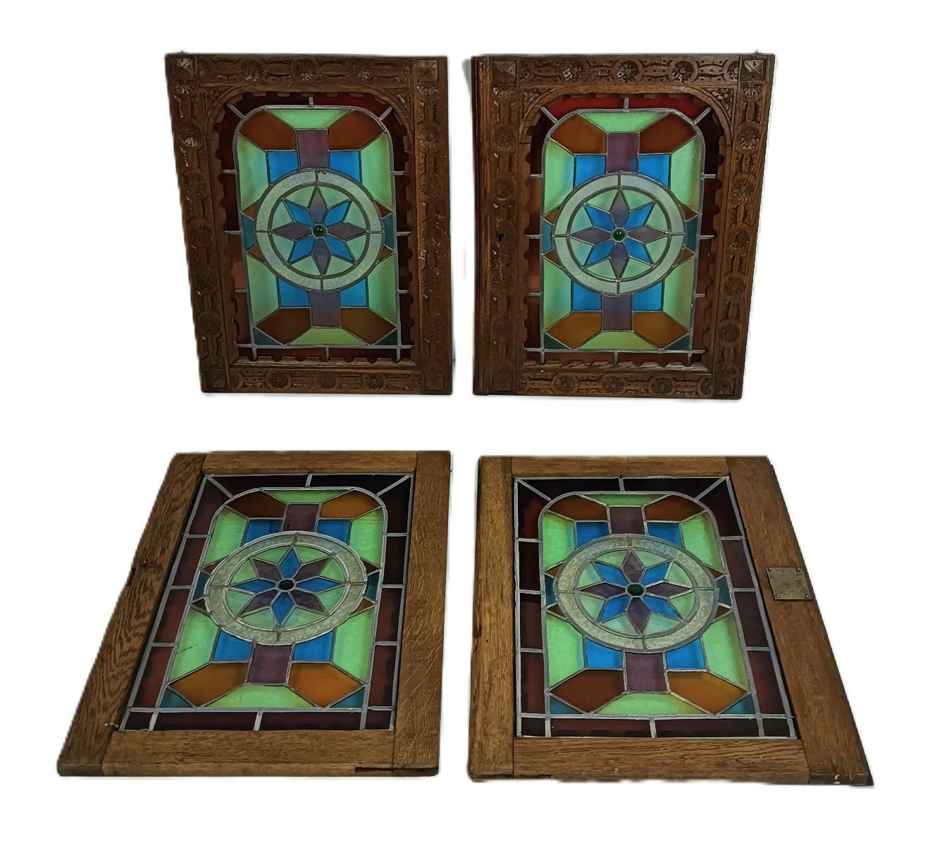 Pair Antique Wooden Leaded Glass Star Door Panels  Salvaged Reclaimed Architectu photo vintage