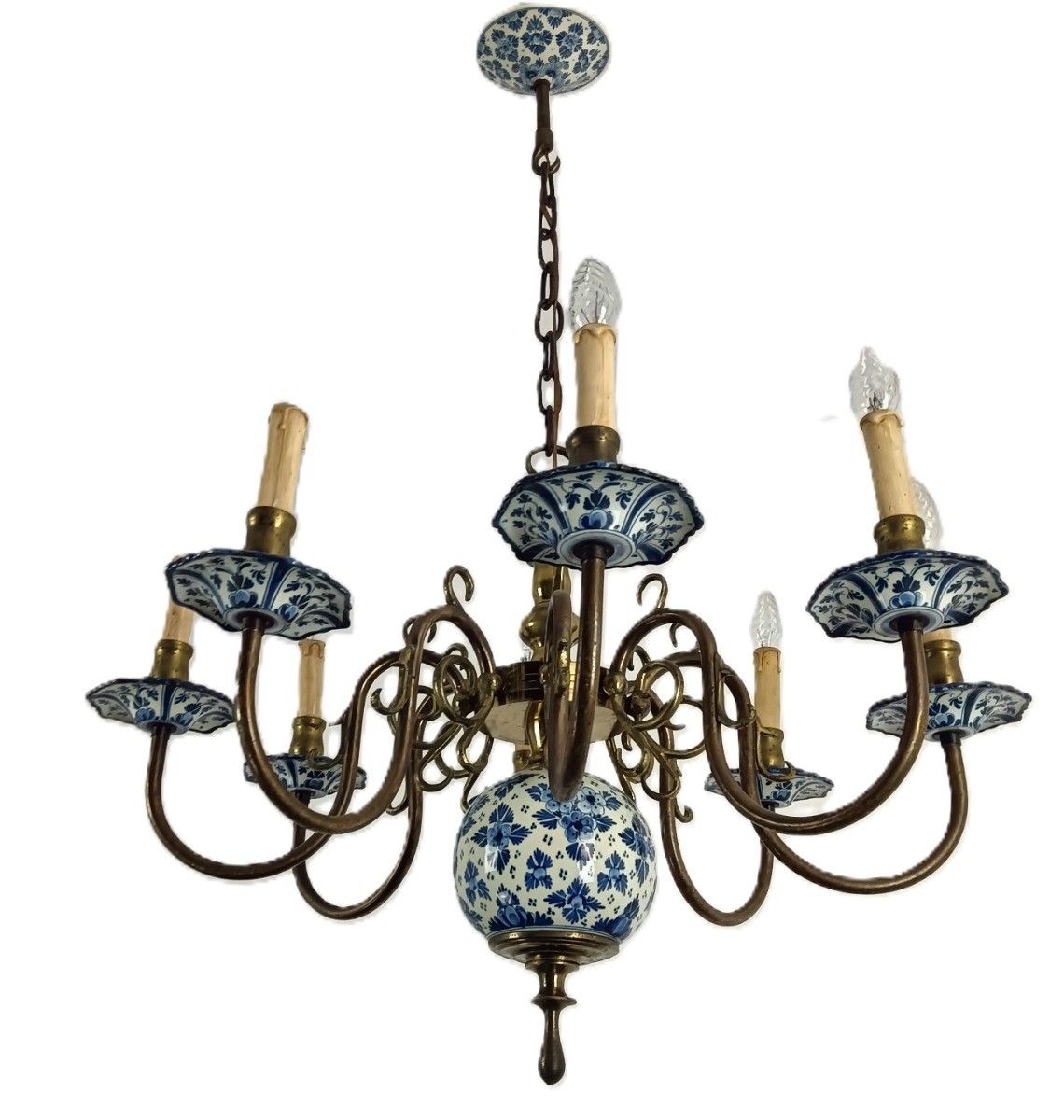 Vintage Delft Blue White Chandelier 8 Arm Lights Marked Barn Style Gorgeous photo furniture