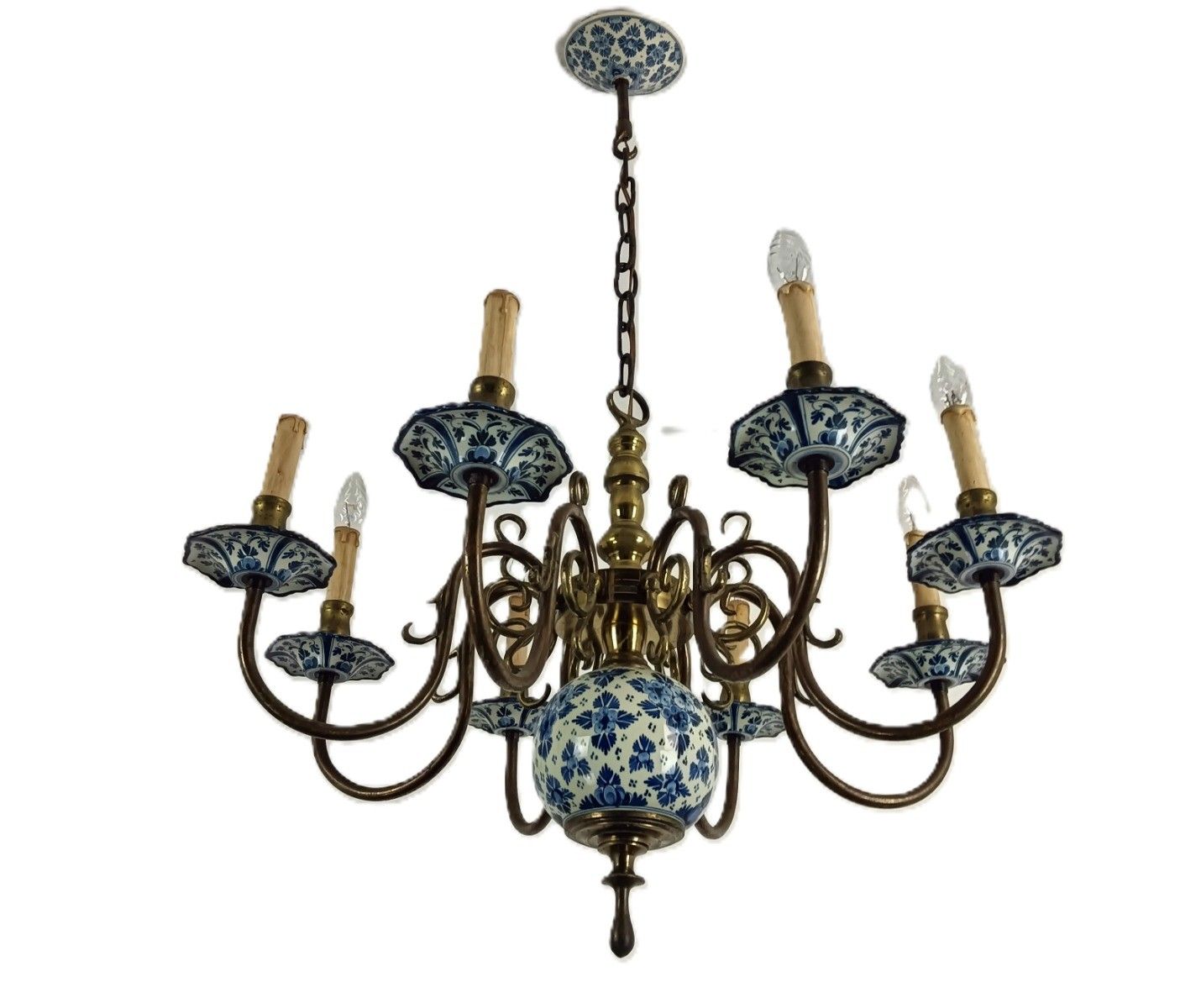 Vintage Delft Blue White Chandelier 8 Arm Lights Marked Barn Style Gorgeous photo for sale