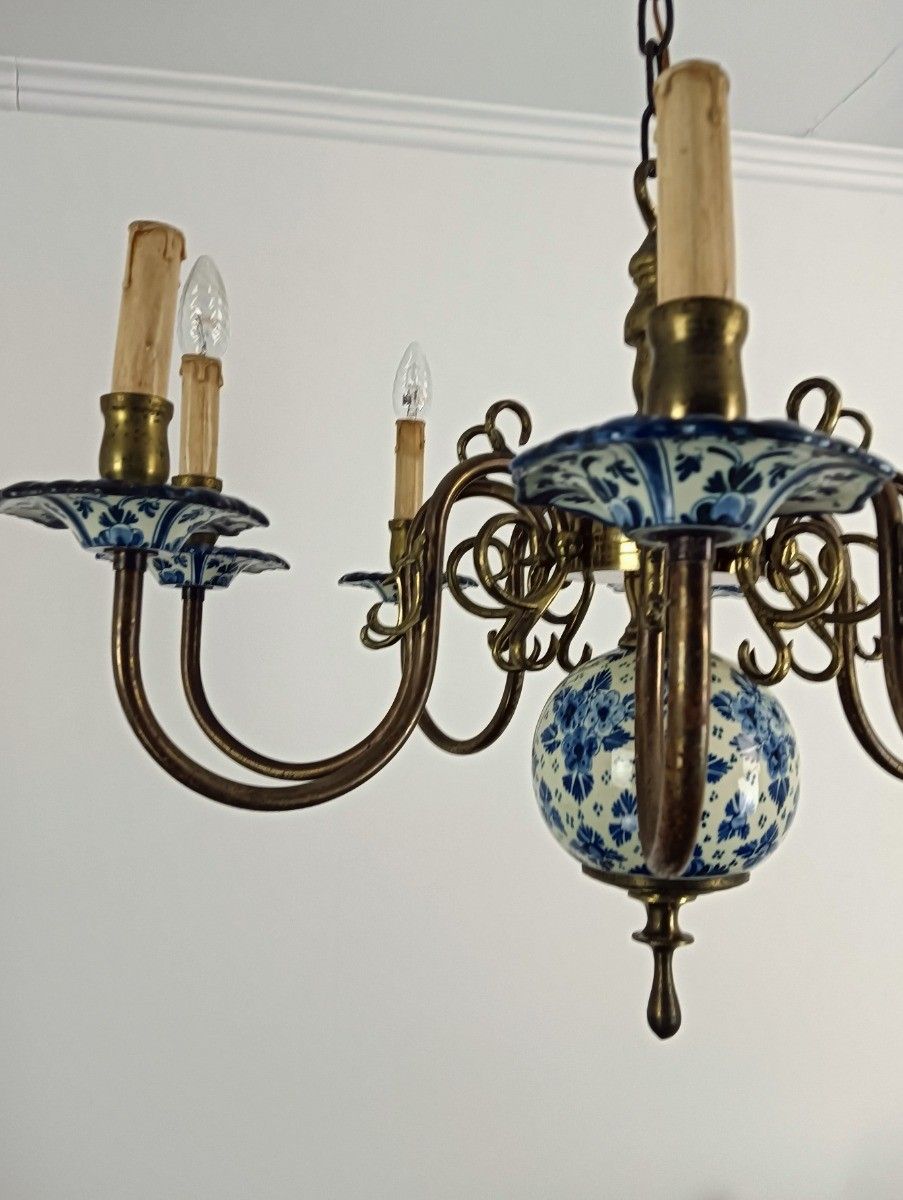 Vintage Delft Blue White Chandelier 8 Arm Lights Marked Barn Style Gorgeous photo buy