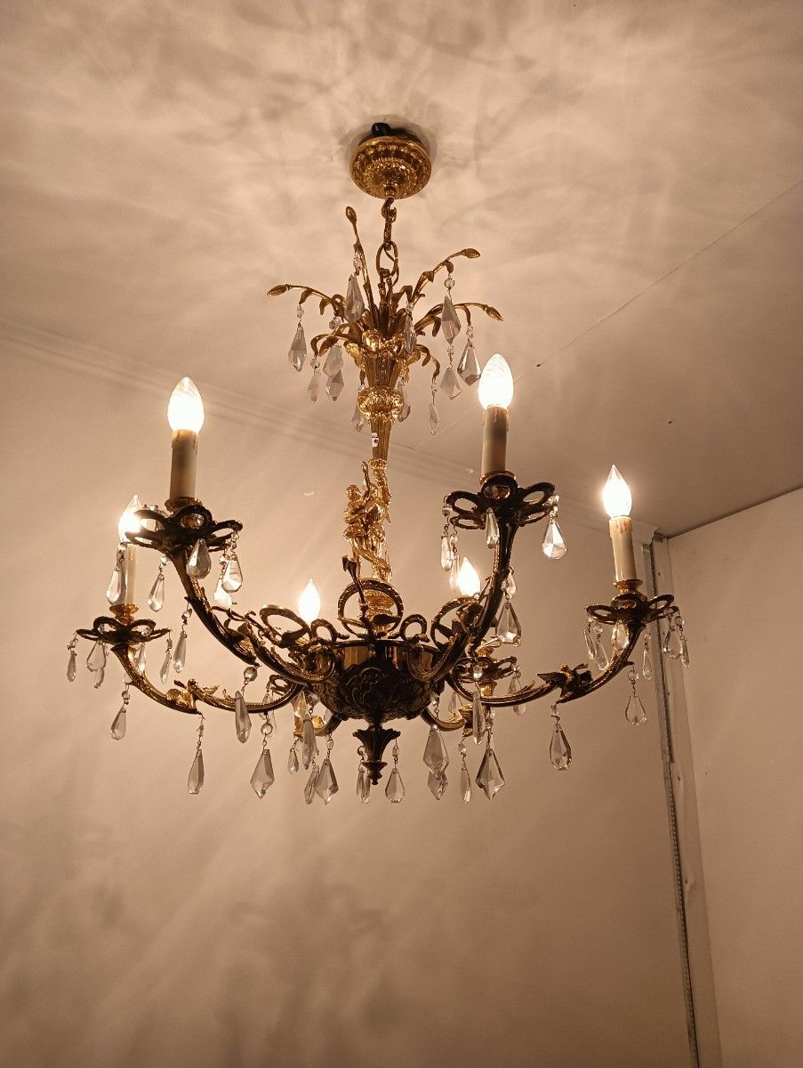Ornate Large Chandelier Vintage Dancer Brass Crystal Prisms 6 Arm Gorgeous photo buy